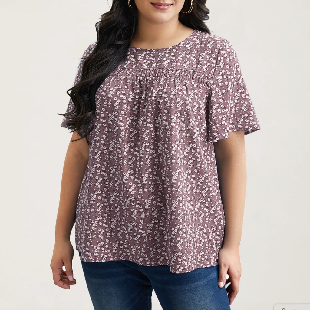 Bloomchic 1x Purple Floral Ruffled Gathered Round Neck Blouse Shirt 14-16 New
